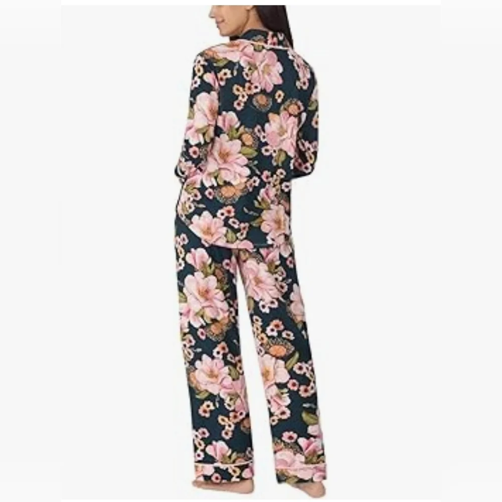 New Room Service Pajama 2 Piece Set Shawl Collar Punk Black Floral Pjs - Picture 4 of 6